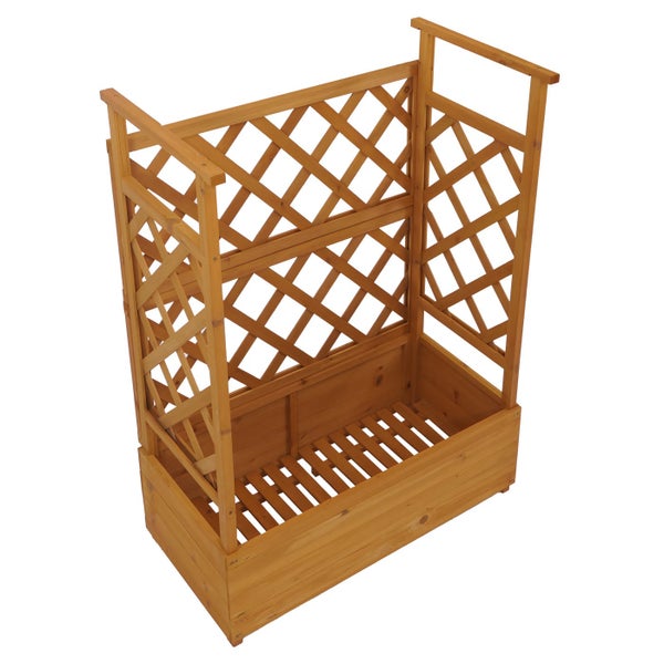 Pflanzkasten aus Holz mit integriertem Rankgitter an drei Seiten.