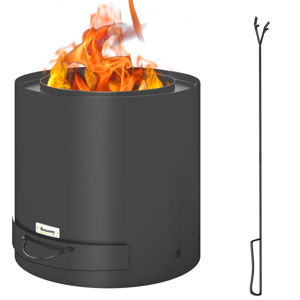 Outsunny Feuerschale Ø45 x 42cm aus Stahl Feuerstelle mit Schürhaken Aschenwanne Feuerschalen für Garten, Balkon Terrasse, Outdoor BBQ Camping Schwarz
