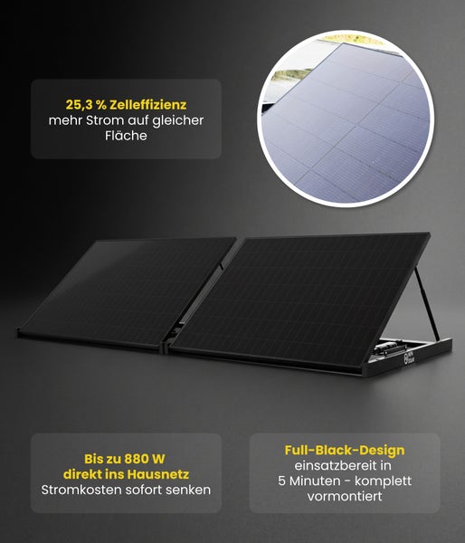 Balkonkraftwerk mit zwei Solarmodulen, 880 Watt Leistung, Full Black Design und vormontierter Halterung für einfache Installation.