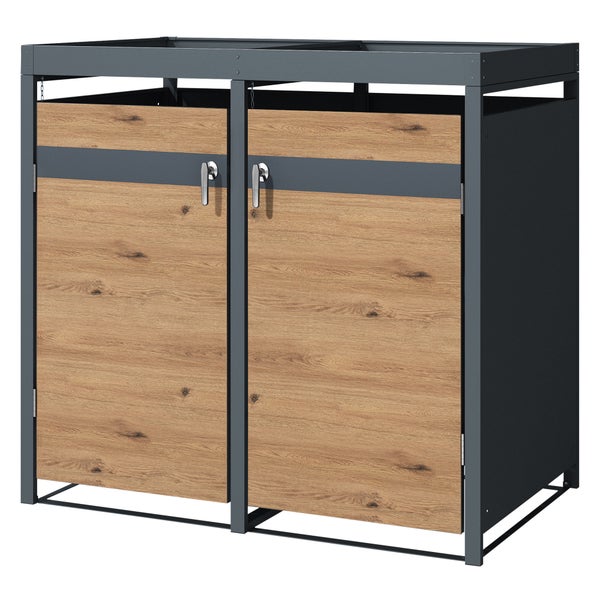 ML-Design Mülltonnenbox 2er mit Pflanzdach für 2 Tonnen, 240L 132x80x124 cm Eiche-Optik, Stahl, wetterfest, Abschließbare Mülltonnenverkleidung mit Tür, Müllbox Mülltonnecontainer Mülltonnenabdeckung