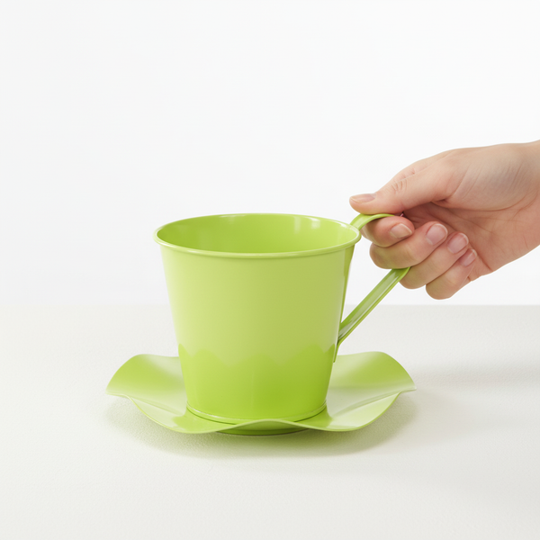 Blumentopf in Tassenform mit Untersetzer aus Metall, grün.