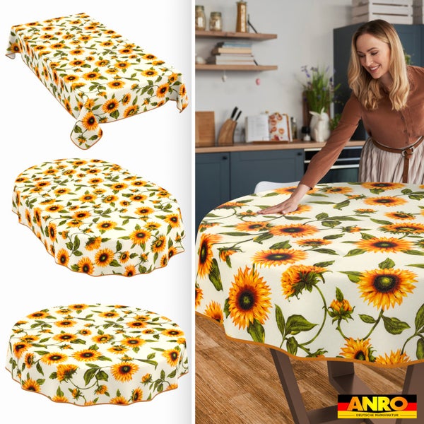Tischdecke mit Sonnenblumenmuster in eckiger, ovaler und runder Ausführung sowie in einer hellen Küche, ANRO Logo.