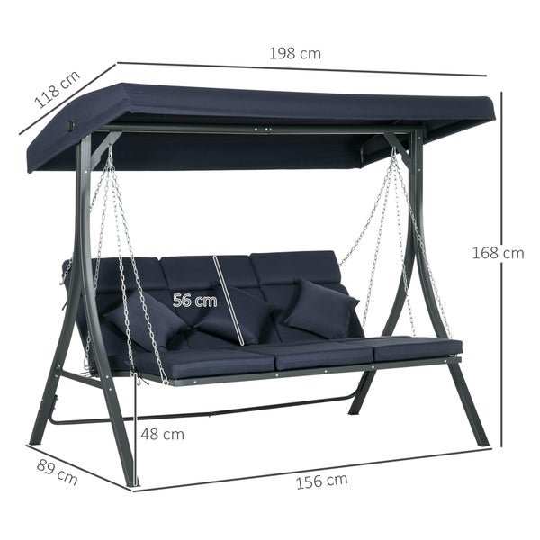 Outsunny Hollywoodschaukel 3-Sitzer, Schaukelbank mit Verstellbarem Sonnendach, Gartenschaukel mit Kissen, bis 270 kg Belastbar, Metall, Texteline, Dunkelblau, 198 x 118 x 168 cm