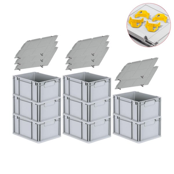 PROREGAL Spar Set 8x Eurobox Nextgen Economy Mit Auflagedeckel & 4x Schiebeschnappverschlüsse Gelb Griffe Geschlossen HxBxT 22 x 30 x 40 cm 20 Liter