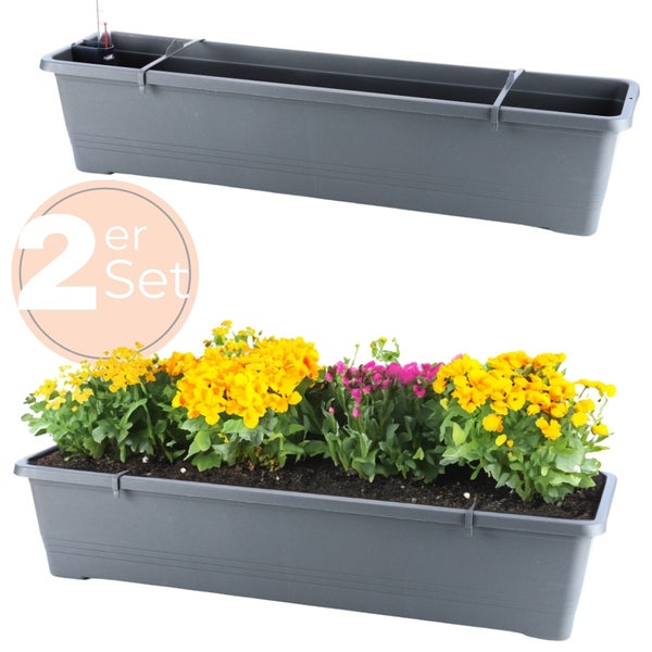 Zwei graue Blumenkästen aus Kunststoff, einer bepflanzt mit gelben und lila Blumen