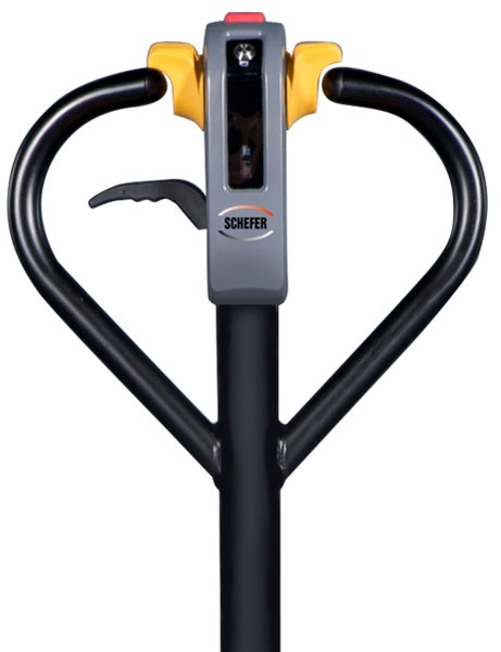 Deichselkopf eines Schefer Hubwagens mit schwarzen Griffen, grauem Gehäuse und gelben Bedienelementen.