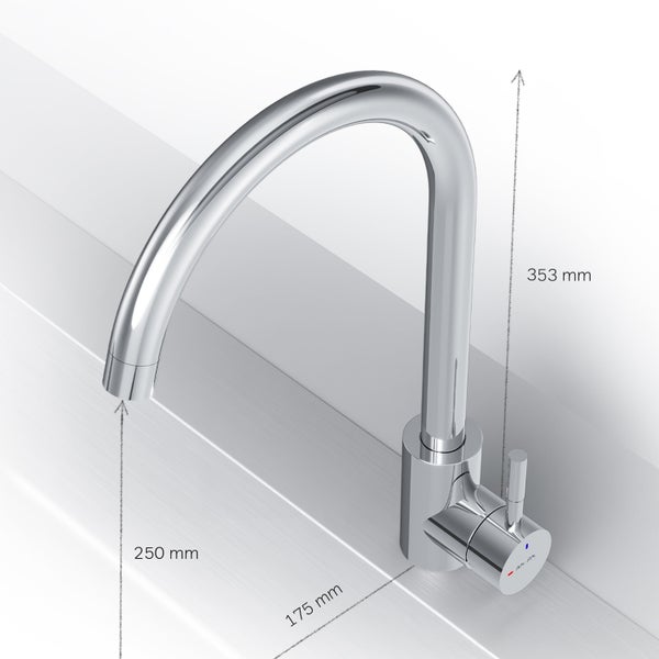 Küchenarmatur mit den Massen 353 mm Höhe, 250 mm Ausladung und 175 mm Länge