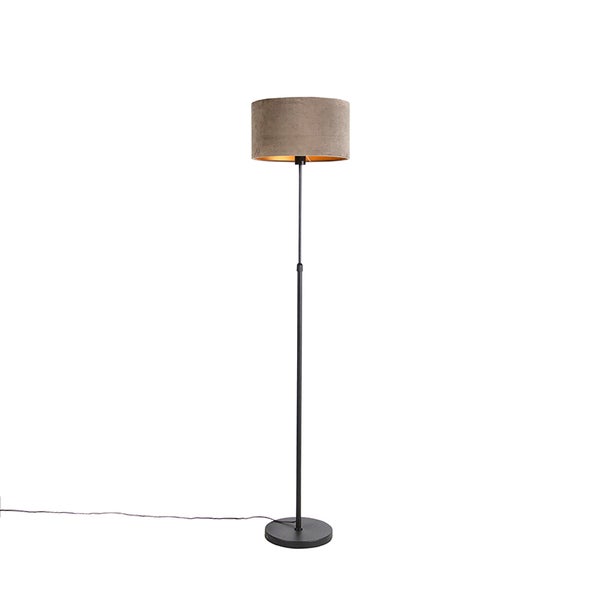 QAZQA - Landhaus I Vintage I Rustikal Stehlampe schwarz mit Samtschirm taupe mit Gold I Messing 35 cm - Parte I Wohnzimmer I Schlafzimmer - Stahl Zylinder I Länglich I Rund - LED geeignet E27