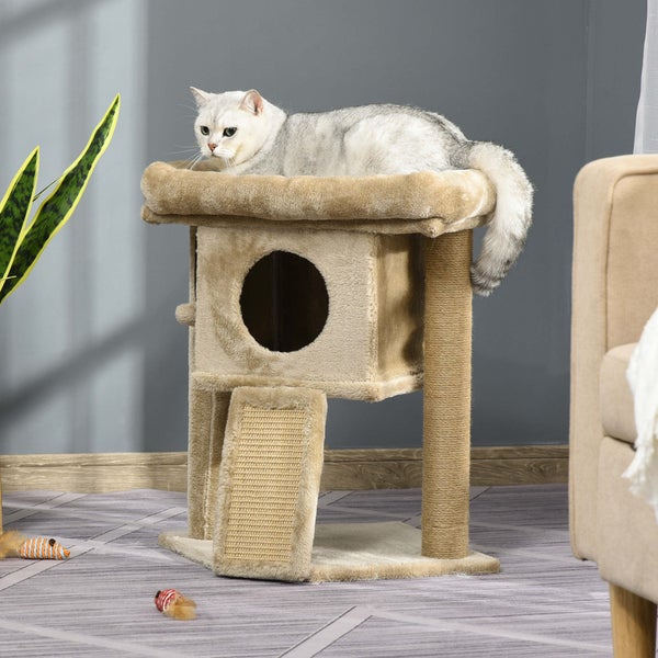 PawHut Kratzbaum 57 cm Kleiner Katzenbaum mit Katzenhöhle, Liegeplattform, Katzenkratzbaum mit Kratzbrett, Spielball, Katzenmöbel für Katzen bis 5 kg, Kaffee