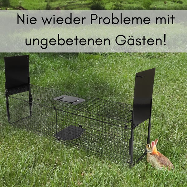 Lebendfalle aus Drahtgitter mit Kaninchen im Gras