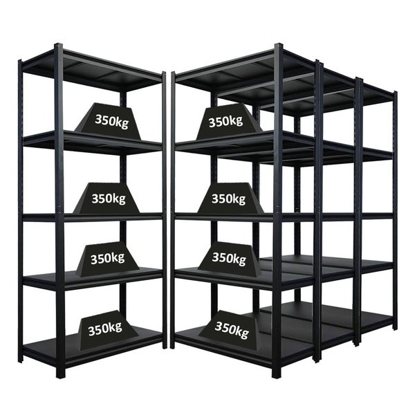 Zwei Metallregale mit je fünf Regalböden, belastet mit Gewichten von 350 Kilogramm.
