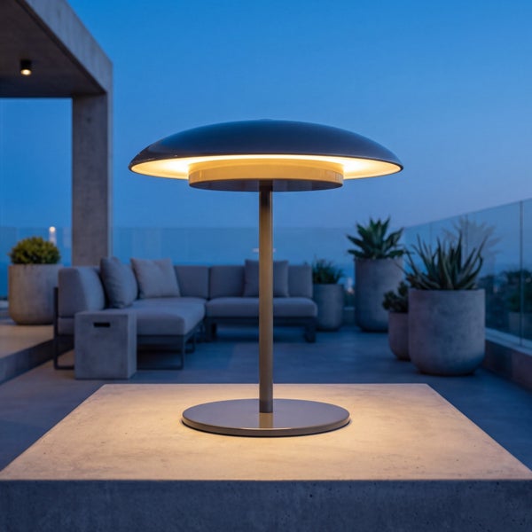 Moderne LED Tischleuchte fuer den Aussenbereich auf einem Betontisch vor einer Loungegarnitur bei Daemmerung.