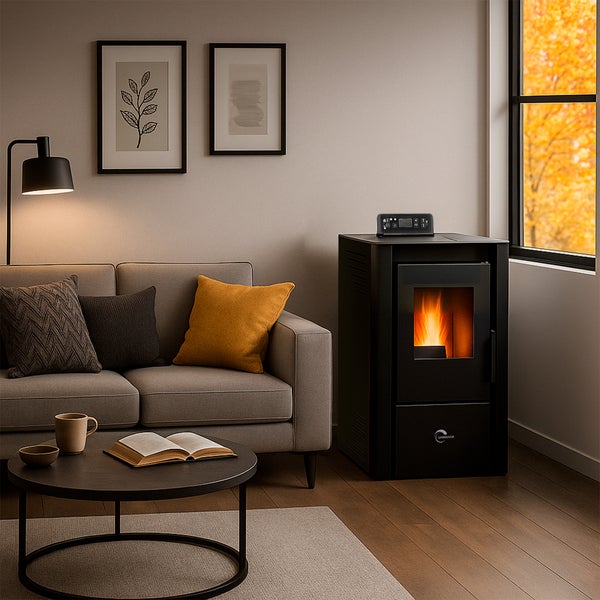 Wohnzimmer mit Sofa, Tisch und Pelletofen für eine gemütliche Atmosphäre