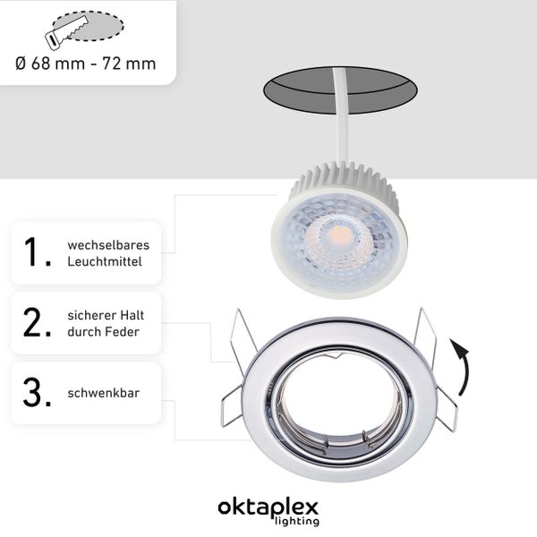 Einbaustrahler 3 stufig dimmbar Dijon Chrom LED Modul Nizza 4,8W 2700K 230V 380lm Warmweiß Schwenkbar Lochmaß 68mm