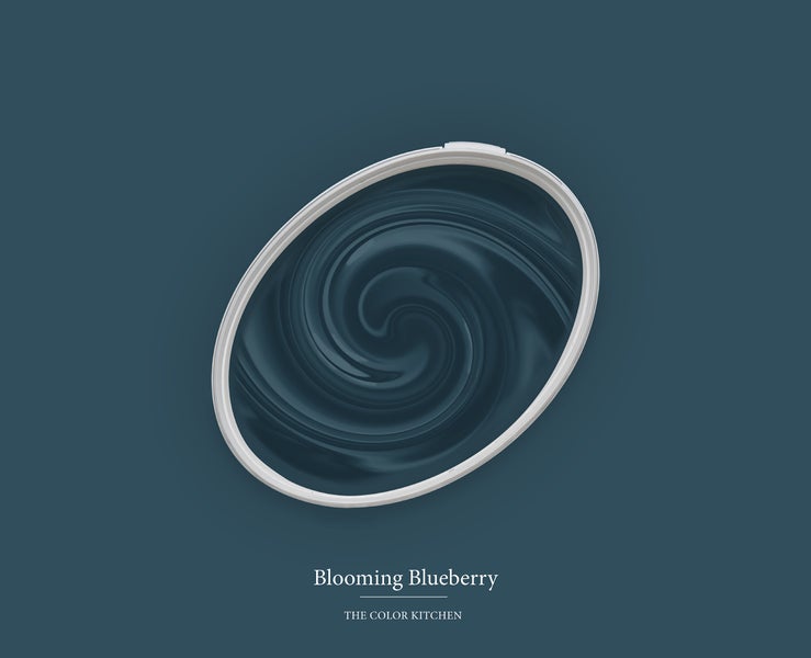 Wandfarbe Blooming Blueberry von The Color Kitchen in einem ovalen Eimer mit Farbwirbel