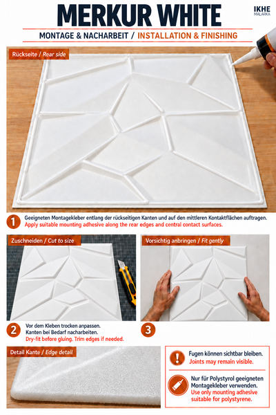 Montageanleitung für Merkur White Wandpaneele aus Polystyrol mit Arbeitsschritten zum Kleben, Zuschneiden und Anbringen.
