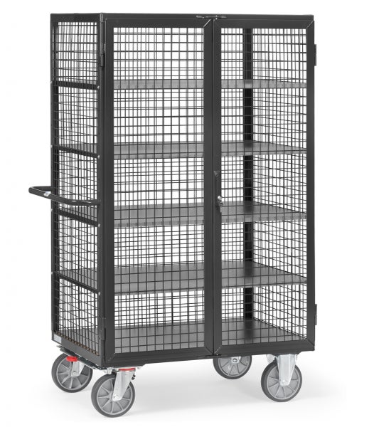 Rollbarer Gitterwagen mit Regalböden und abschließbaren Türen.