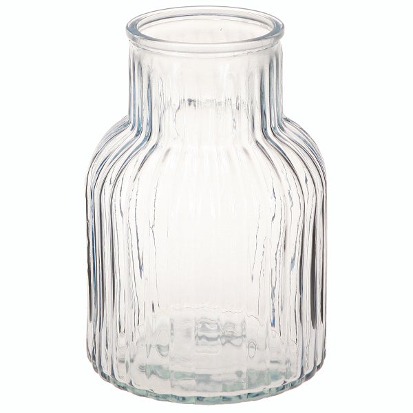 Transparente Glasvase mit vertikaler Riffelung.