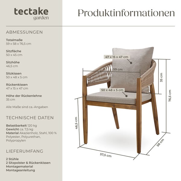 Produktinfografik mit Abmessungen und technischen Daten für tectake Gartenstuhl aus Akazienholz mit Sitzkissen und Rückenkissen.