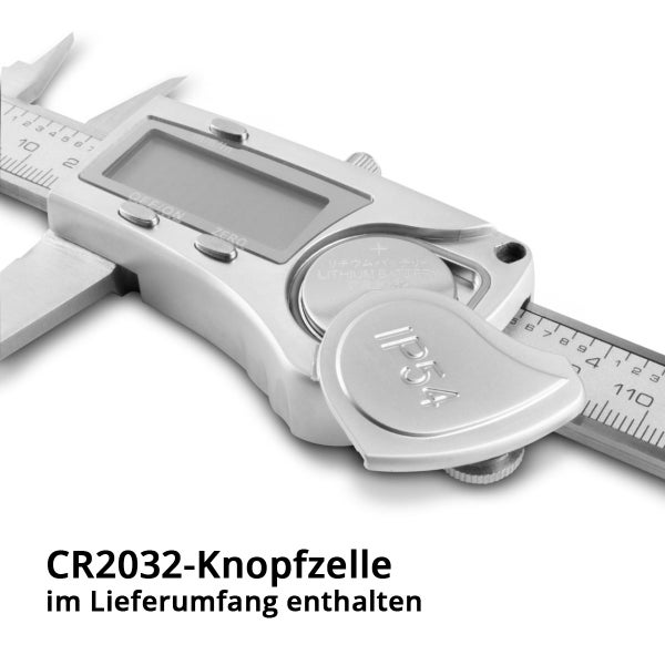 Digitaler Messschieber mit CR2032 Knopfzelle im Lieferumfang, staub- und spritzwassergeschützt nach Schutzart IP54.