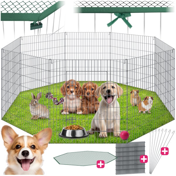 Tierlaufstall mit verschiedenen Tieren und Zubehör wie Netzabdeckung und Bodenplane