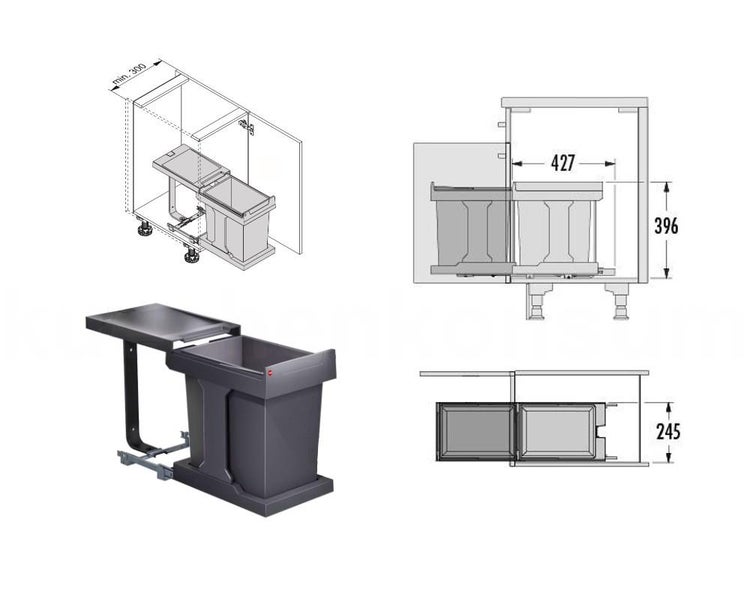 Einbau-Abfallsammler für Küchenunterschränke mit technischen Zeichnungen und Maßen von 396 Millimeter Höhe und 245 Millimeter Breite.