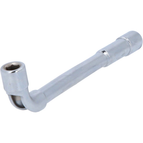 Pfeifensteckschlüssel aus verchromtem Stahl in abgewinkelter Form.