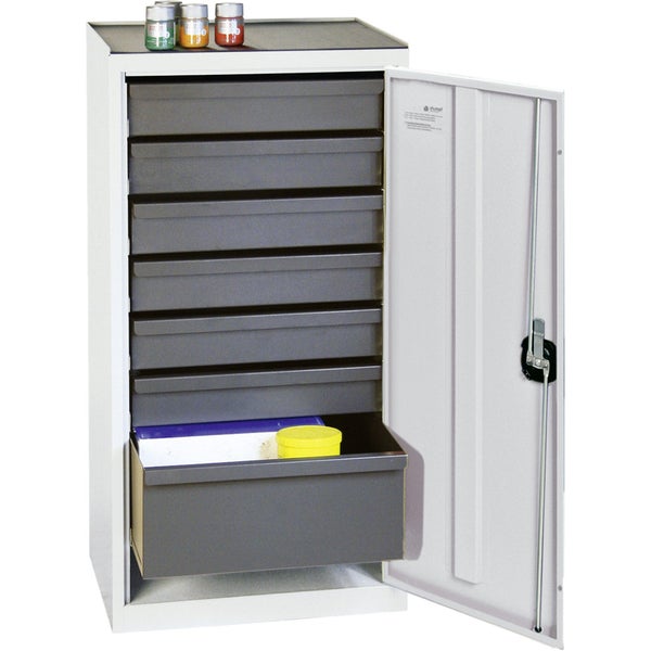 Werkstattschrank mit Schubladen und geöffneter Tür