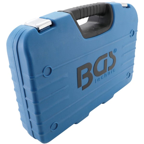 Blauer Werkzeugkoffer mit schwarzem Griff und silberfarbenen Verschlüssen