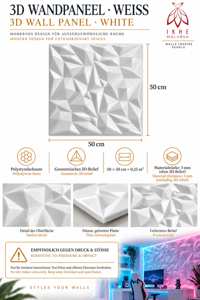3D Wandpaneel aus Polystyrolschaum mit geometrischem Relief, 50 mal 50 Zentimeter, fuer trockene Innenraeume, Designbeispiel mit Gaming Zimmer.