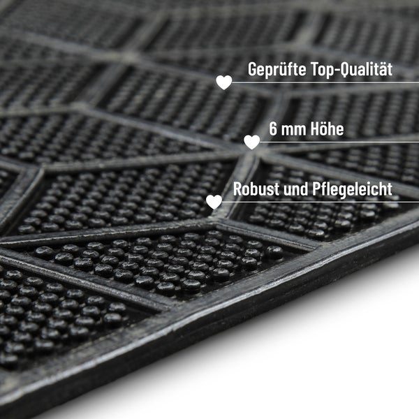 Detailansicht einer Gummimatte mit geometrischem Muster, Noppen, 6 Millimeter Höhe, geprüfter Qualität, robust und pflegeleicht.