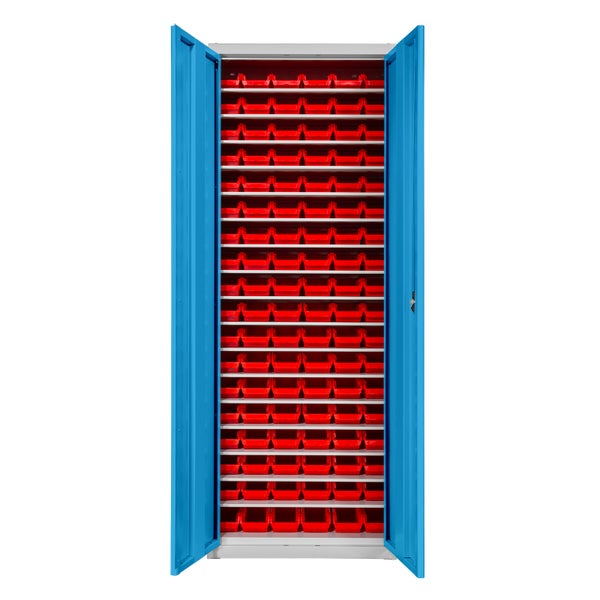PROREGAL Flügeltürenschrank Owl mit 17 Fachböden + 108 Sichtlagerkästen | HxBxT 195x71x30cm | Lichtgrau/Lichtblau | Spind, Kleinteillager