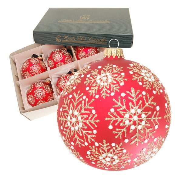 Rot matt 8cm Glaskugel hochwertiges Schneeflocken-Dekor, 6 Stck., Weihnachtsbaumkugeln, Christbaumschmuck, Weihnachtsbaumanhänger