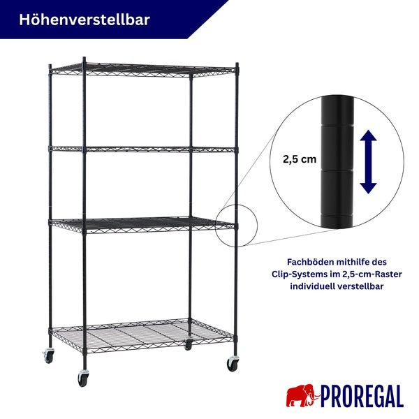 Schwarzes Metallregal mit vier Gitterböden und Rollen, Fachböden im 2,5 Zentimeter Raster höhenverstellbar, Proregal Logo.