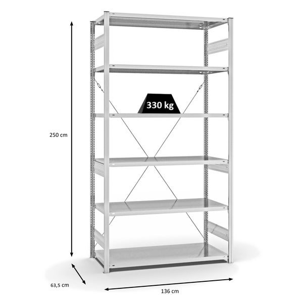 PROREGAL Fachbodenregal Stecksystem T-Profil Heavy-Duty Grundregal HxBxT 250 x 130 x 60 cm 6 Ebenen Fachlast 330 kg Einseitig Nutzbar Lichtgrau