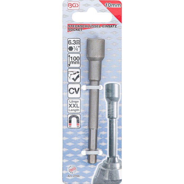 BGS Steckschlüssel-Einsatz Sechskant extra lang für Bohrmaschinen Antrieb Außensechskant 6,3 mm (1/4) SW 10 mm - 2766