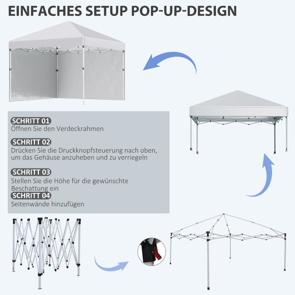 Outsunny Pavillon ca.3x3m, wasserabweisend Stabil Winterfest Pop-up Faltpavillon mit 2 Seitenwänden, UV Schutz 30+, Faltbar Partyzelt Gartenzelt mit Tasche, Gartenpavillon für Camping, Weiß
