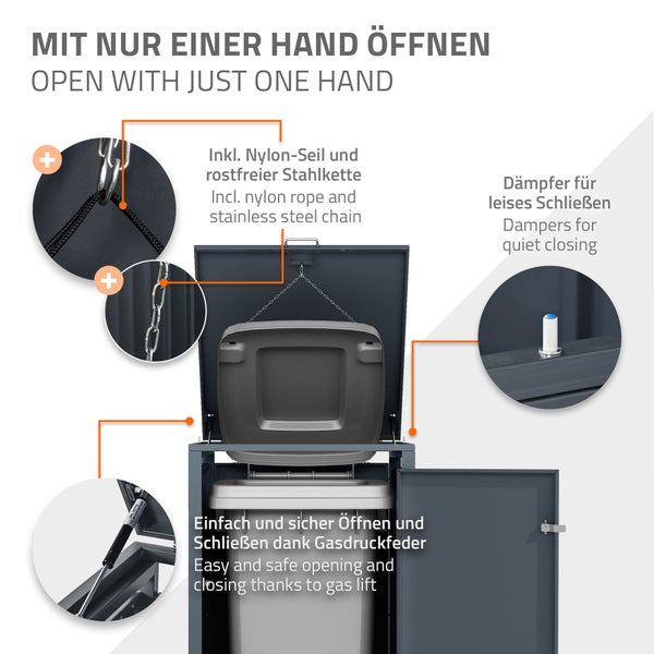 ML-Design Mülltonnenbox 1er für 1 Tonne 240L 68x80x116,3 cm Anthrazit-Lärchenoptik, Stahl, wetterfest/abschließbar Mülltonnenverkleidung Klappdeckel/Tür, Müllbox Mülltonnecontainer Mülltonnenabdeckung