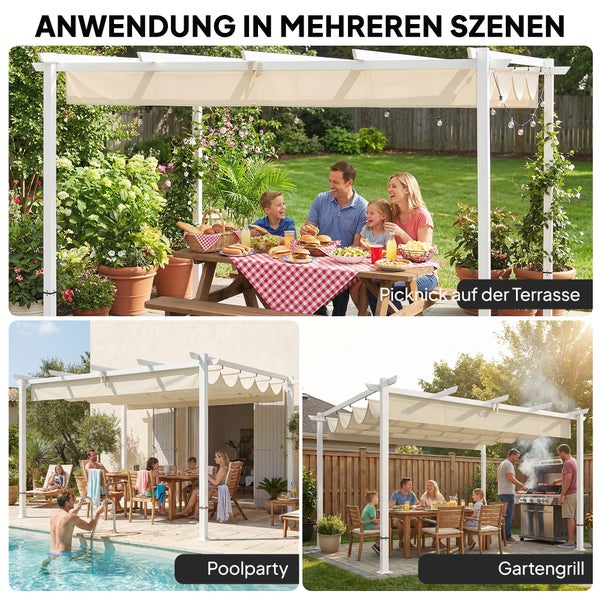 Pergola mit ausziehbarem Dach in verschiedenen Einsatzbereichen wie Picknick auf der Terrasse, Poolparty und Grillen im Garten.