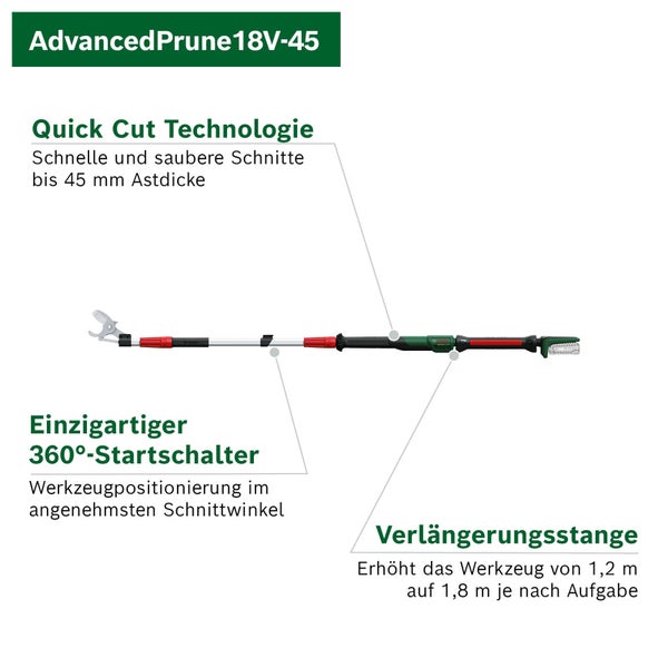 Bosch Akku-Astschere AdvancedPrune 18 Volt mit Verlängerungsstange, Quick Cut Technik bis 45 Millimeter und 360 Grad Startschalter.