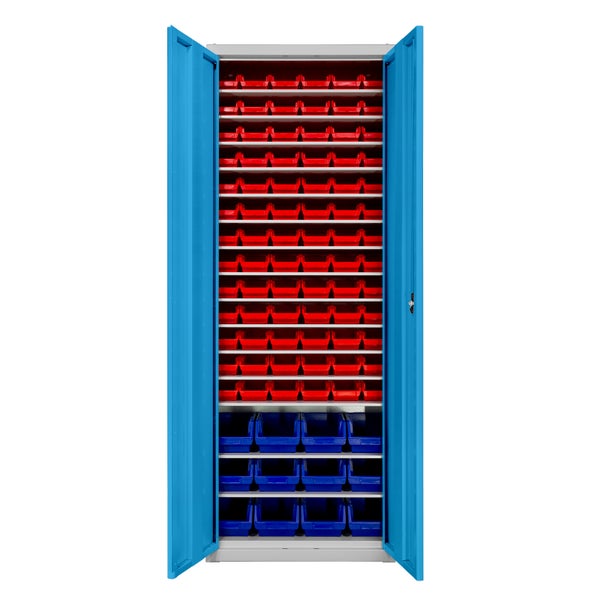 PROREGAL Flügeltürenschrank Owl mit 15 Fachböden + 90 Sichtlagerkästen | HxBxT 195x71x30cm | Lichtgrau/Lichtblau | Spind, Kleinteillager
