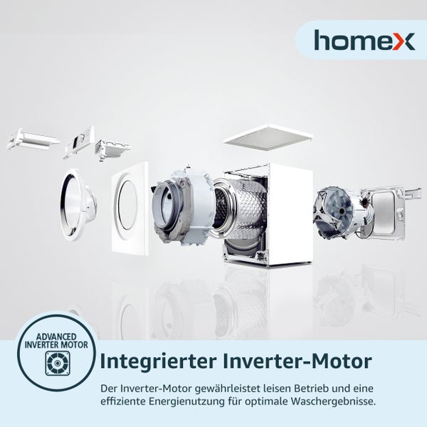 homeX Waschmaschine 6kg Frontlader mit 1200 U/Min. Inverter Motor Schontrommel 15 Programme EEK C WF612C-W
