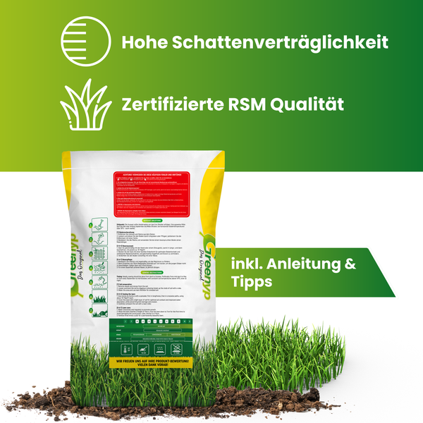 Greenyp® Ultimate I Premium RSM Schattenrasen mit 100% RSM Gräsern I 2,5kg für 100m² I Nachsaat Grassamen Rasensamen Rasensaat Gras für schattige & trockene Standorte
