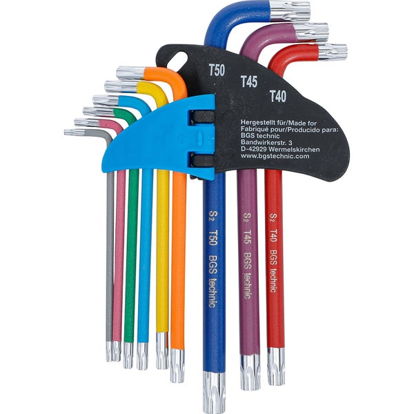 9-teiliger Winkelschlüsselsatz für Torx-Schrauben aus S2-Stahl in einem Halter.