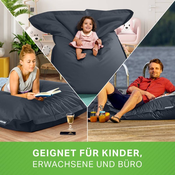 Green Bean Sitzsack XXL 140x180cm 380 Liter Kinder & Erwachsene Bean Bag EPS Perlen Füllung Riesensitzsack Groß Draußen Outdoor Liegekissen Waschbar Wetterfest Lounge Sitzkissen Bodenkissen Stahlgrau