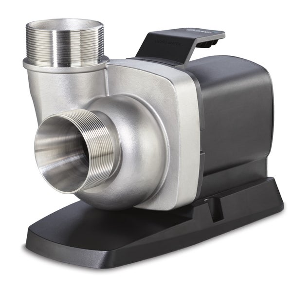 Oase Teichpumpe aus Edelstahl und Kunststoff mit zwei Gewindeanschlüssen.