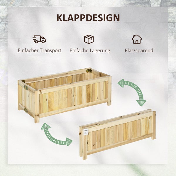 Outsunny Hochbeet, Klappbarer Pflanzkasten, Blumenkasten, Gemüsebeet für Garten, Terrasse und Balkon, aus Tannenholz, Natur, 70 x 30 x 25 cm