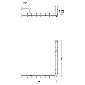 Technische Zeichnung einer L-förmigen Vorhangschiene mit Haken und Bemaßungen 220, 152 sowie variablen Längen A und B.