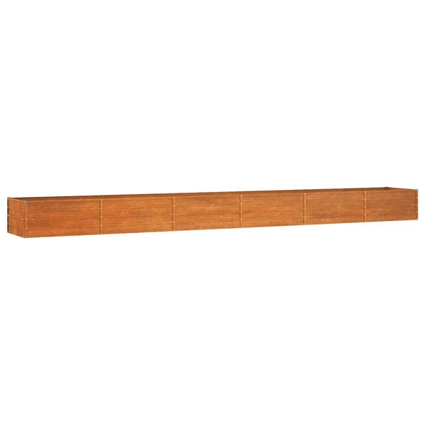 Langes, rechteckiges Hochbeet aus braunem Holz für Garten und Terrasse.