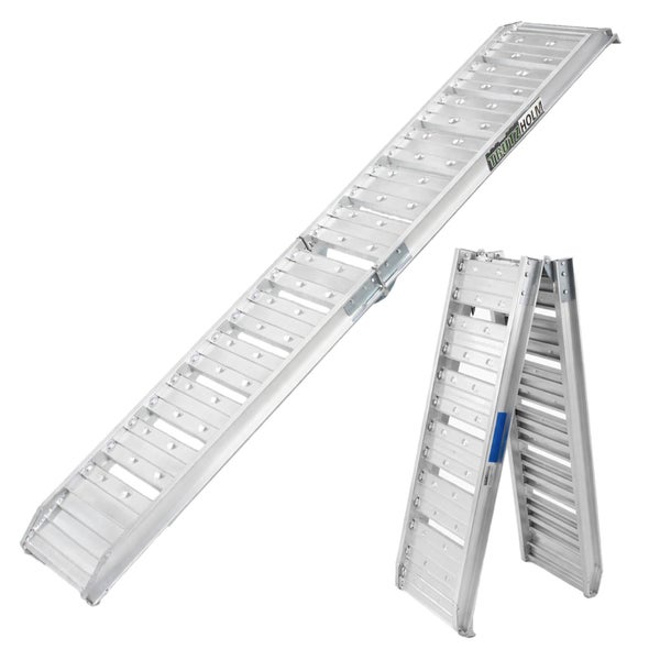 Trutzholm Auffahrrampe aus Aluminium, klappbar, mit rutschfester Oberfläche, ausgeklappt und zusammengeklappt.